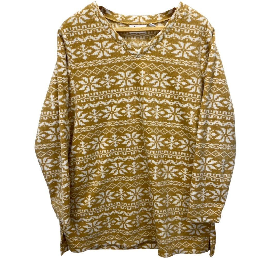 Denim & Co Fleece Snowflake Nordic Print V Neck Fleece Pullover Top Women Med
